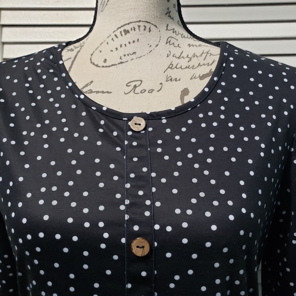 Kilig Polka-dot Midi Dress Women's Black Medium Long Sleeve Faux Button Pockets - Picture 2 of 9